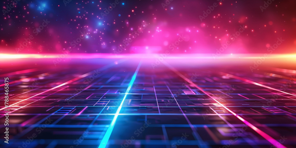 A retro synthwave background with neon grid lines and purple, blue and pink light rays.  '80s aesthetic with glowing geometric patterns and grid structures. Retro Sci-Fi Background Futuristic Grid 