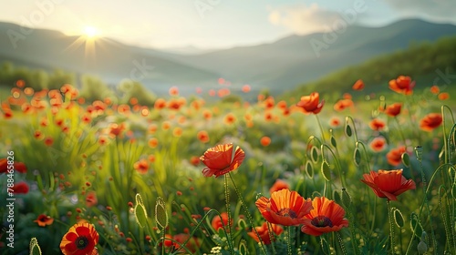 Panoramic floral background, web banner with poppy flowers field, panoramic view on wildflowers spring meadow in sunrise, natural view, AI generated image © Maria Zamchiy 
