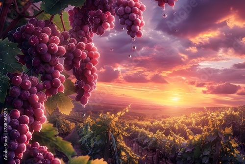 Vibrant Sunset Over Lush Vineyard Landscape with Bountiful Grape Clusters
