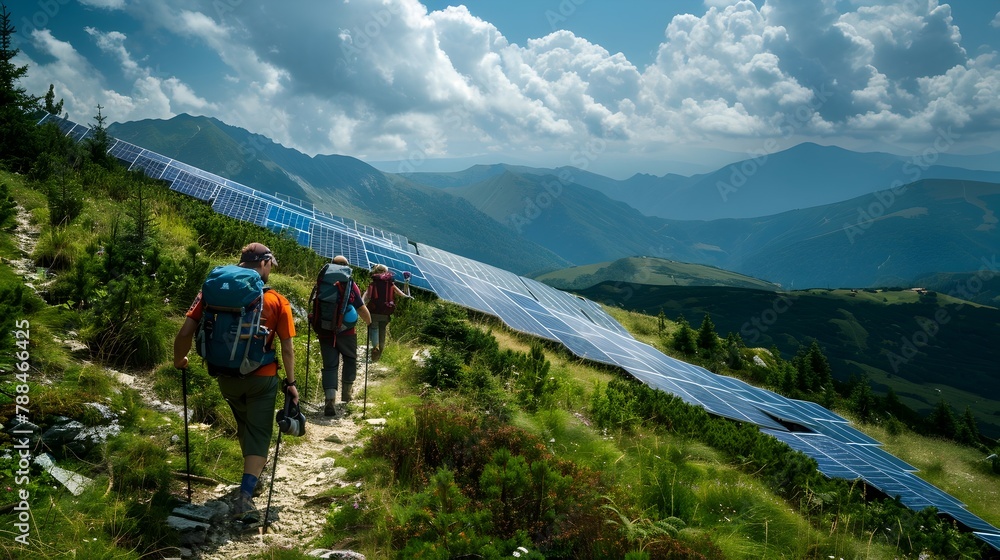 Hikers Embrace Eco-Friendly Power: Adventure Amidst Remote Mountain Solar Panels