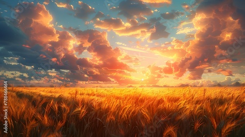 Captivating Sunset Over a Vast Wheat Field in the Countryside
