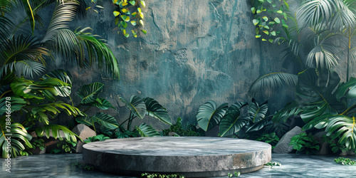 empty stone round podium pedestal amidst on tropical jungle leaves background, a mockup for a product presentation.empty Stone podium scene summer background 