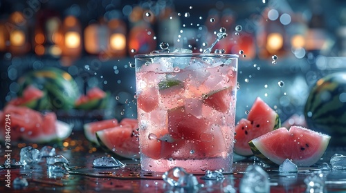 Refreshing Watermelon Drink with Icy Splash on Hot Summer Day