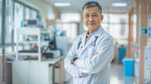 china male doctor  60 years old  standing in the hospital office  white coat  copy and text space  16 9