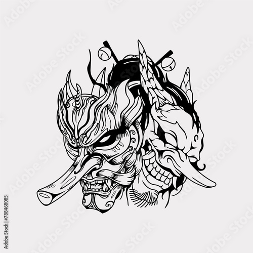 Japanese tengu demon evil yokai hand drawn illustration © WA Design Studio