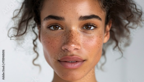 Close-up portrait of a mixed-race woman with a neutral expression and freckles