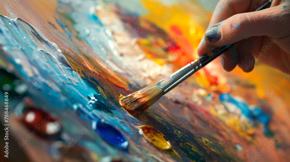 Fototapeta premium Artist hand holding paint brush painting on canvas with many colors close up shot