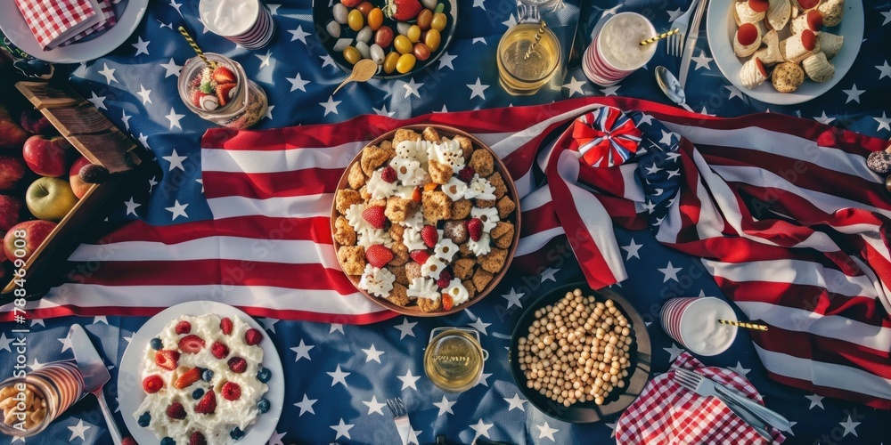 An overhead shot of a picnic blanket with USA flag-patterned cushions and snacks for Independence Day.