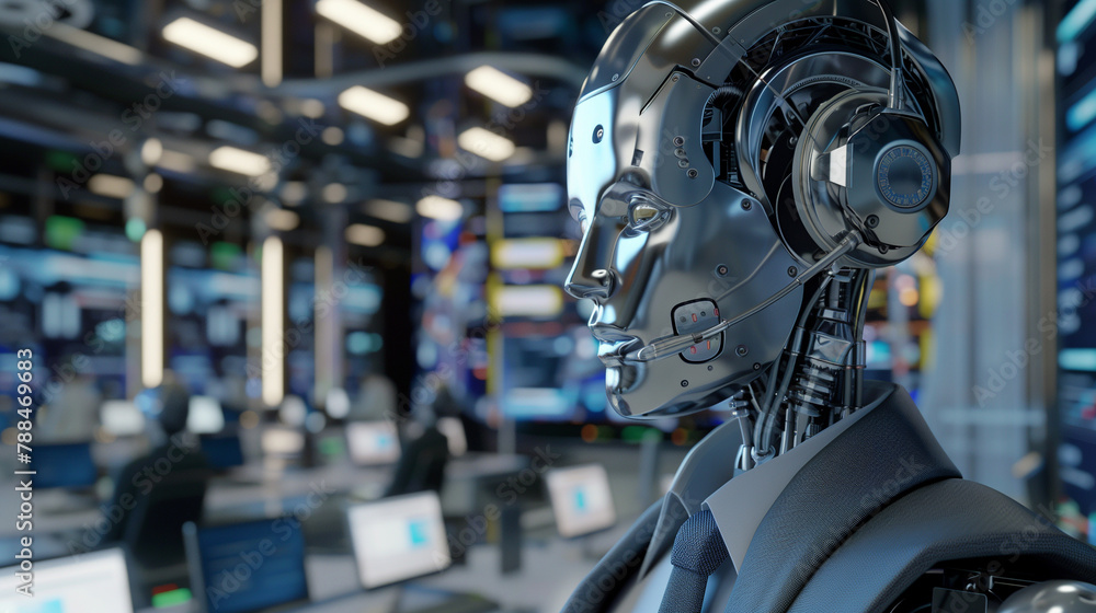 Futuristic robot with human features in a high-tech office setting. Futuristic robot with human features in a high-tech office setting.