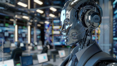 Futuristic robot with human features in a high-tech office setting.