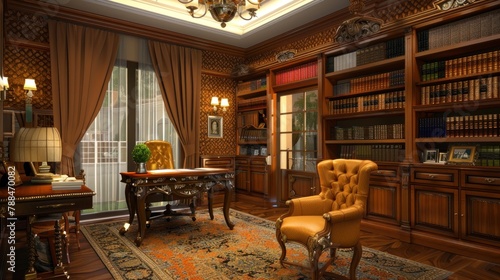 an old library, with ornate wallpaper and classic reading lamps