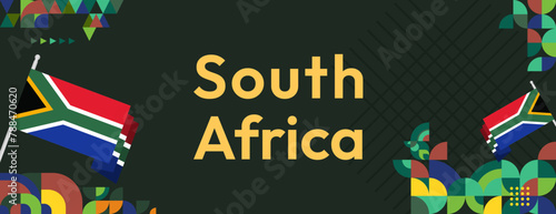 South Africa National Independence Day wide banner. Modern geometric abstract background in colorful style for South Africa day. South African Independence greeting card cover with country flag.