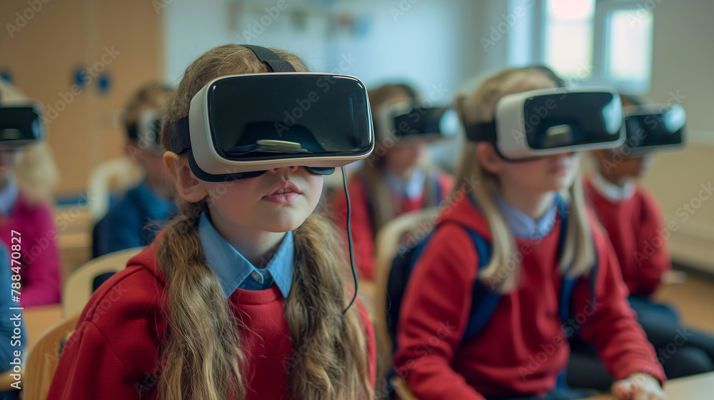 Modern Children are sitting in classroom at school with virtual reality head set Modern Children are sitting in classroom at school with virtual reality head set