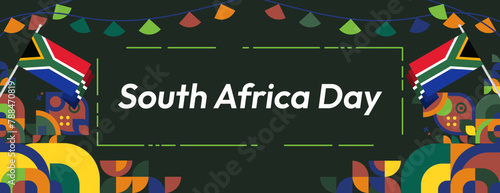 South Africa National Independence Day wide banner. Modern geometric abstract background in colorful style for South Africa day. South African Independence greeting card cover with country flag.