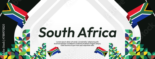 South Africa National Independence Day wide banner. Modern geometric abstract background in colorful style for South Africa day. South African Independence greeting card cover with country flag.