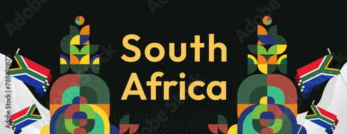 South Africa National Independence Day wide banner. Modern geometric abstract background in colorful style for South Africa day. South African Independence greeting card cover with country flag.