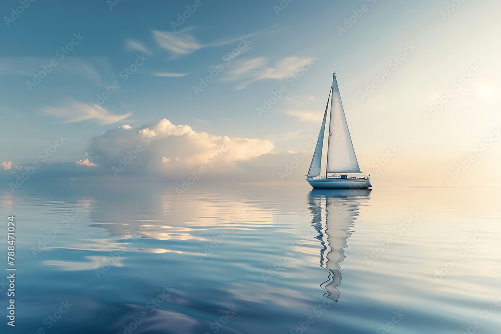 A sleek, abstract sailboat gliding on calm waters.