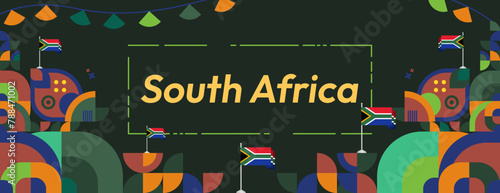 South Africa National Independence Day wide banner. Modern geometric abstract background in colorful style for South Africa day. South African Independence greeting card cover with country flag.