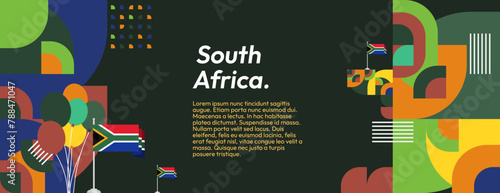 South Africa National Independence Day wide banner. Modern geometric abstract background in colorful style for South Africa day. South African Independence greeting card cover with country flag.