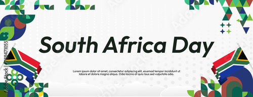 South Africa National Independence Day wide banner. Modern geometric abstract background in colorful style for South Africa day. South African Independence greeting card cover with country flag.