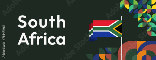 South Africa National Independence Day wide banner. Modern geometric abstract background in colorful style for South Africa day. South African Independence greeting card cover with country flag.
