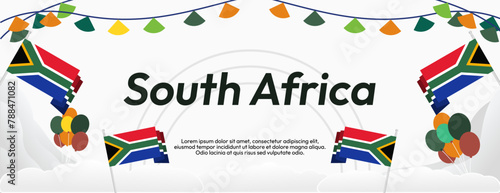 South Africa National Independence Day wide banner. Modern geometric abstract background in colorful style for South Africa day. South African Independence greeting card cover with country flag.