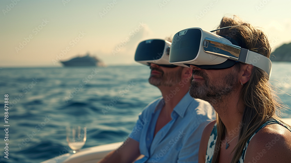 Loving couple relaxing on the yacht in open sea, enjoying vr virtual reality, and fresh breath