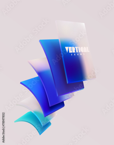 Poster design with 3D blue glass banner. Geometric shapes in glass morphism style.