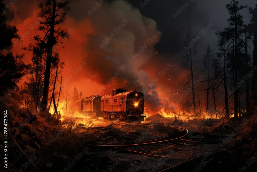 Widespread Railway fire forest natural. Scenic death. Generate Ai