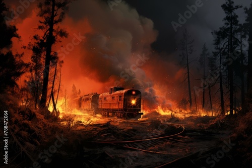 Widespread Railway fire forest natural. Scenic death. Generate Ai photo