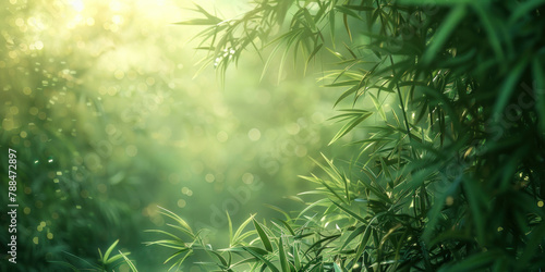 Serene Bamboo Forest with Sunlight Filtering Through Lush Green Leaves in Background Creating a Peaceful Atmosphere