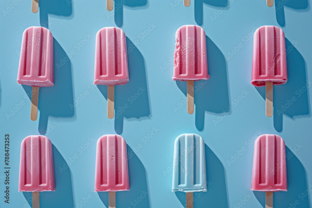 Colorful Popsicles with Pink and White Ice Cream on Blue Background, Sweet Summer Treats Displayed CloseUp Colorful Popsicles with Pink and White Ice Cream on Blue Background, Sweet Summer Treats Displayed CloseUp