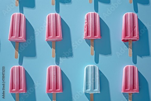 Colorful Popsicles with Pink and White Ice Cream on Blue Background  Sweet Summer Treats Displayed CloseUp