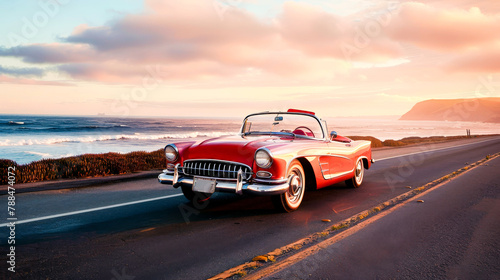 A vintage convertible cruising down a coastal highway, the ocean breeze mingling with the scent of salt and freedom. © Sasint