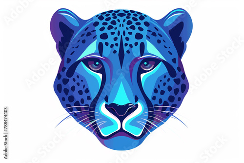 A sleek cheetah face icon with vibrant blue hues and sharp, angular lines. Isolated on white background. photo