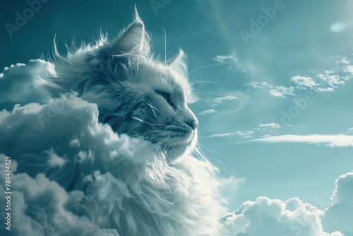 Fluffy cat made of clouds against a sky background photo