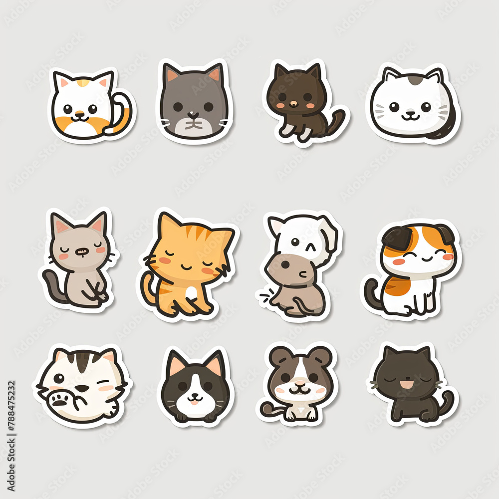 Minimalistic 2D arts for cats stickers with a white background