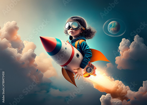 Bambina cavalca un razzo per viaggiare tra le nuvole © alexmat46