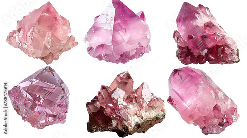 Morganite gemstone collection in 3D digital art, transparent background. Top view, flat lay of elegant pink crystals for luxury jewelry design. Isolated precious stones with brilliant sparkle. photo
