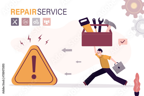 Technical repair service. Call specialist, worker man fast running with tool box. Repairman holds giant toolbox with working instrument. Landing page, template
