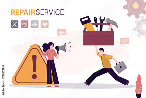 Technical repair service. Call specialist, worker man fast run to help. Repairman holds giant toolbox with work tools. Woman customer with warning triangle symbol need support.
