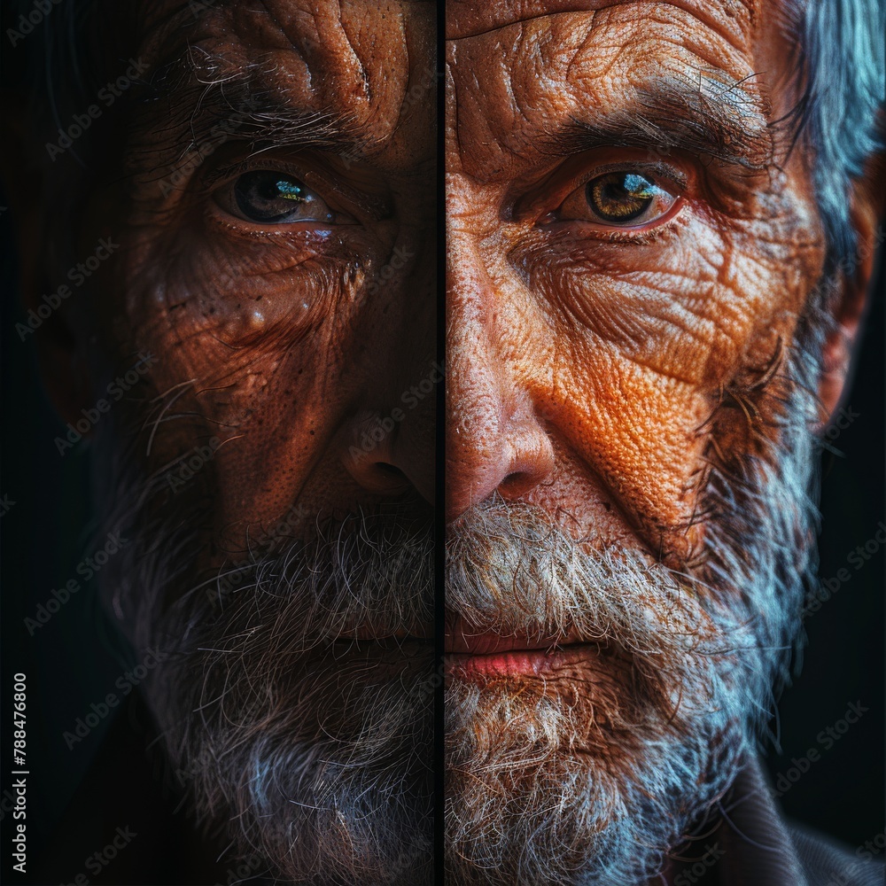 Modern Aging Woman: Photograph Comparison of Young and Old Faces, Salicylic Acid Cream Effects. Modern Aging Woman: Photograph Comparison of Young and Old Faces, Salicylic Acid Cream Effects.