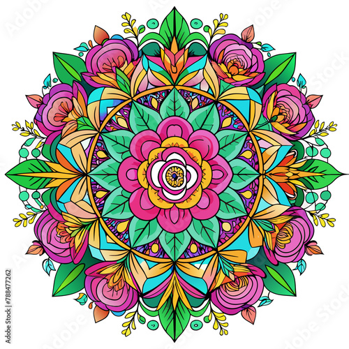 Create a stunning mandala for the cover that represents the essence of the coloring book: a vibrant and intricate fusion of various floral patterns. Use a rich palette of flowers, such as roses, lilie