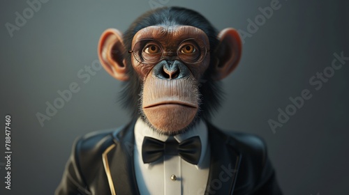 A digital illustration of a sophisticated anthropomorphic chimpanzee dressed in tuxedo, complete with a bow tie, portraying a classy and elegant character photo