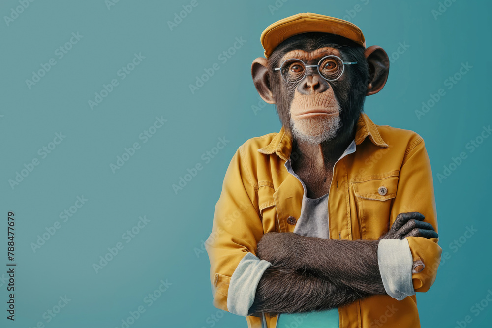 Portrait of an anthropomorphic monkey dressed in modern clothing against a blue background Portrait of an anthropomorphic monkey dressed in modern clothing against a blue background