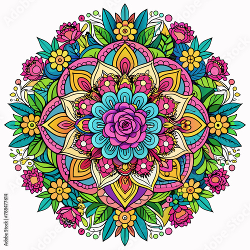 Create a stunning mandala for the cover that represents the essence of the coloring book: a vibrant and intricate fusion of various floral patterns. Use a rich palette of flowers, such as roses, lilie