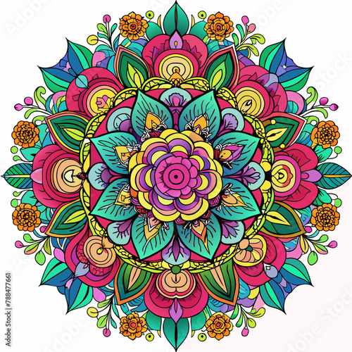 Create a stunning mandala for the cover that represents the essence of the coloring book: a vibrant and intricate fusion of various floral patterns. Use a rich palette of flowers, such as roses, lilie