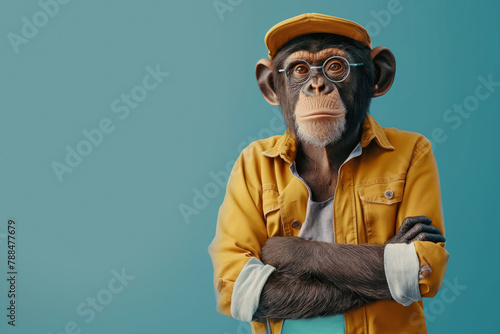 Portrait of an anthropomorphic monkey dressed in modern clothing against a blue background