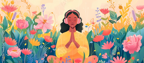 a woman wearing headphone peacefully in floral blossom, sound music of beauty nature concept background © Menganga