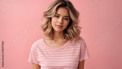 Portrait of her she nice-looking cute charming attractive lovely winsome sweet fascinating cheerful content girl wearing striped t-shirt jeans isolated on pink pastel background